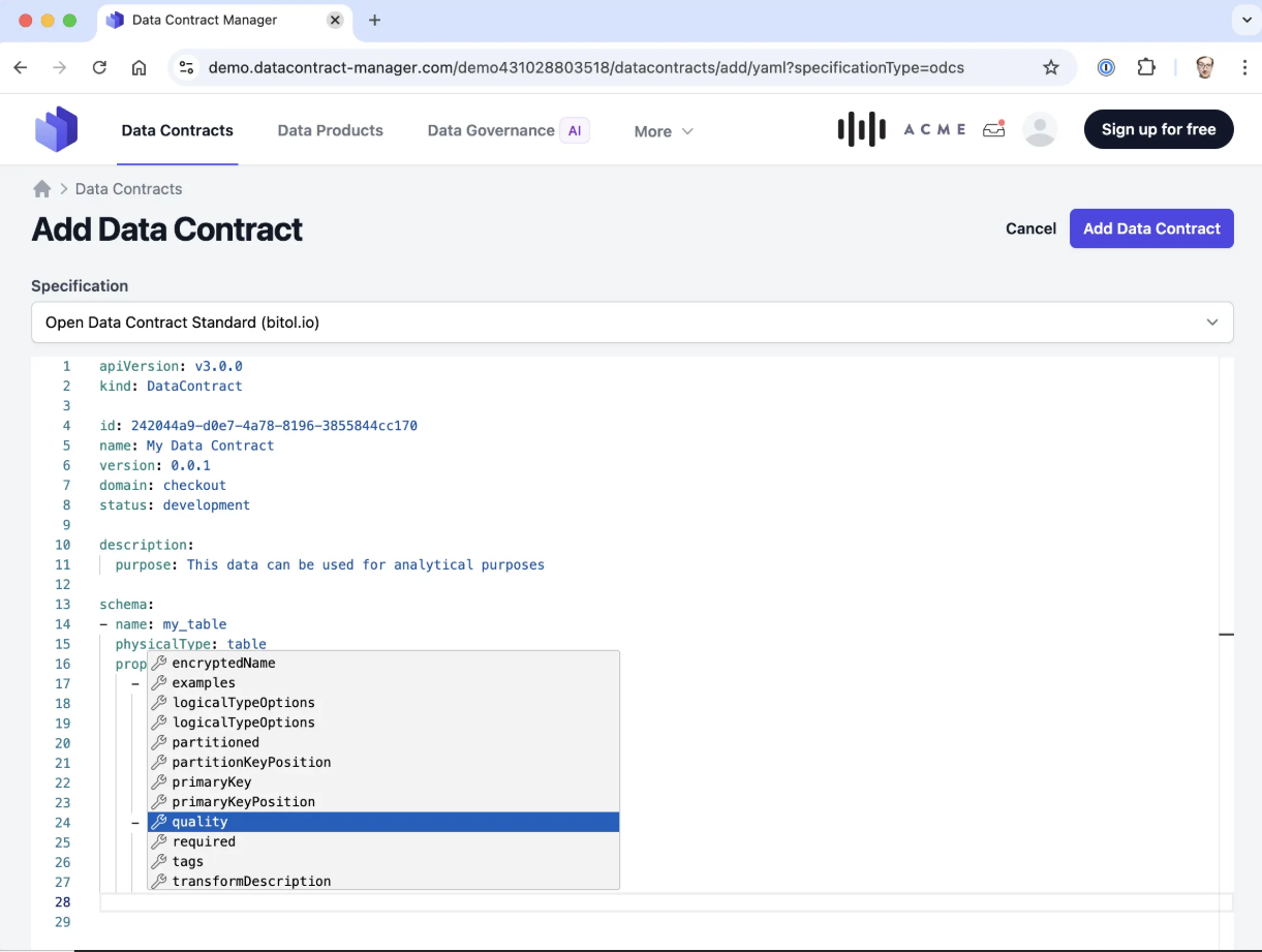 Data contract editor for ODCS in Entropy Data